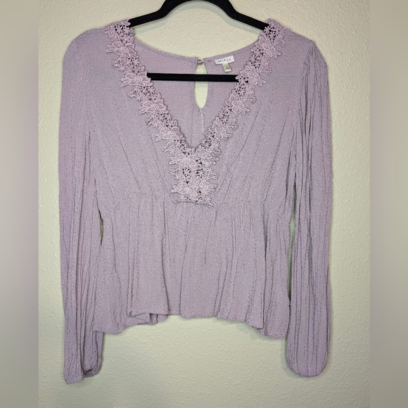 Self Esteem Long Sleeve V Neck Crop Top with Lace accent Lilac Junior Size Large - Picture 1 of 9
